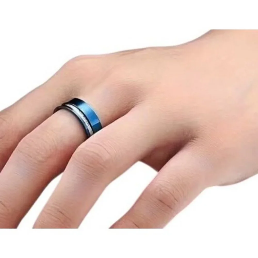 High Polished Blue Tungsten Carbide 8MM with simulated Silver Meteorite Inlay